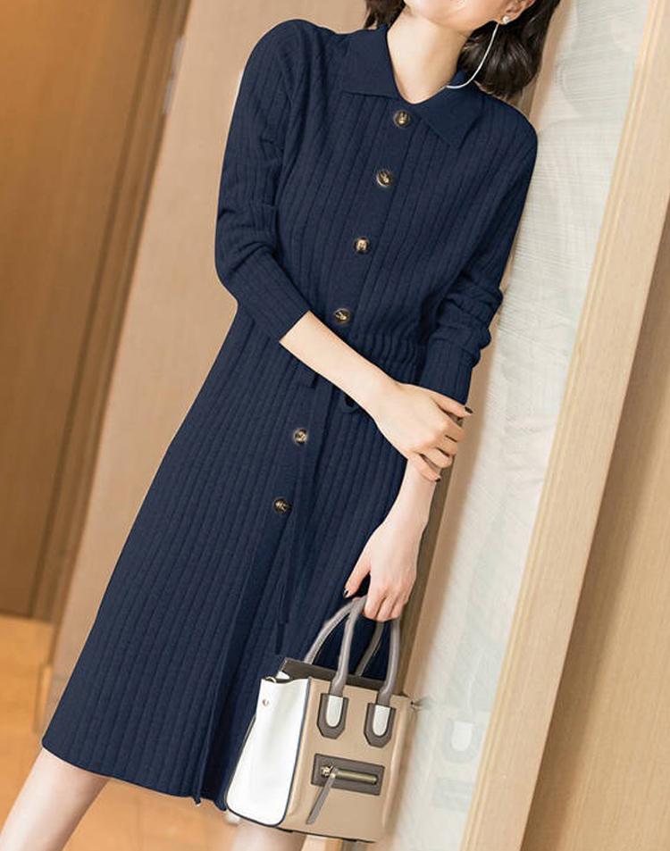 Casual Blue Knitted Dress Women High Waist Long Sleeve Dress Female Autumn Turn-down Collar Button Ladies Dresses