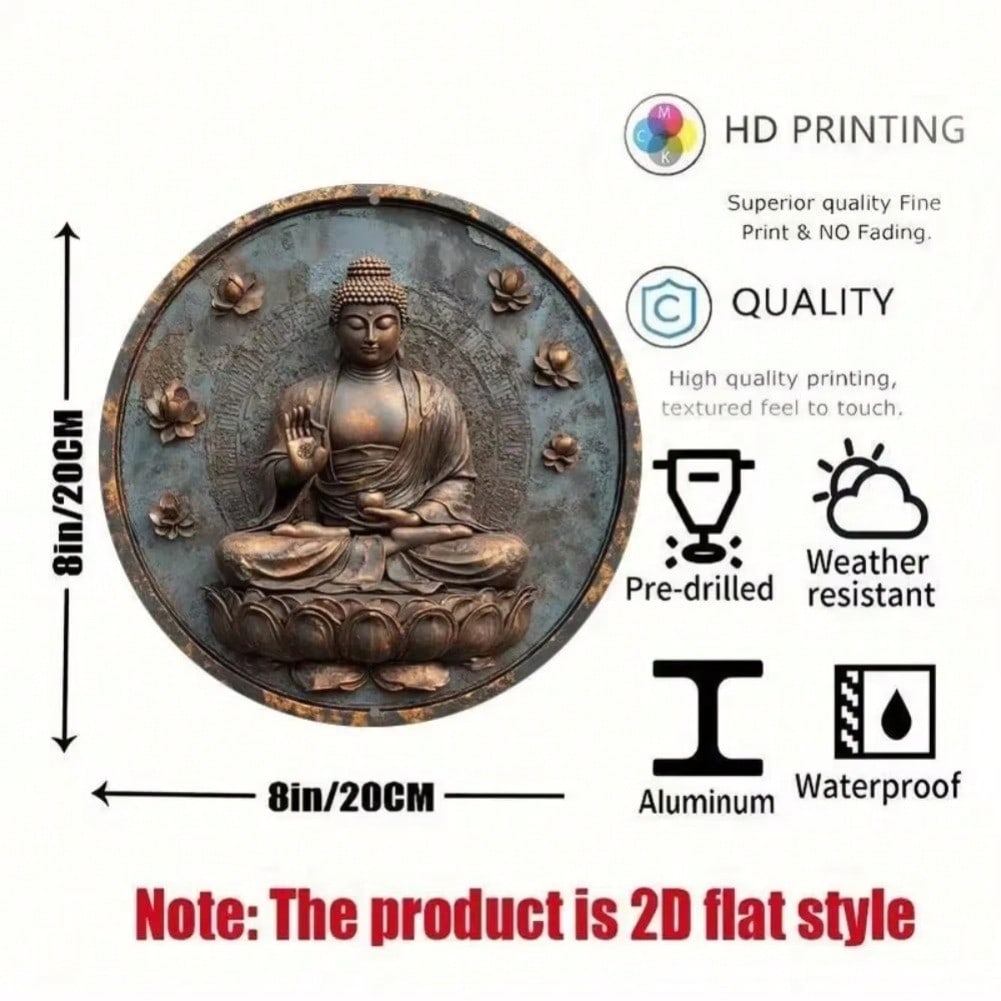 2D Round Metal Wall Art Aluminum Buddha Decor Sign For Home Office Party