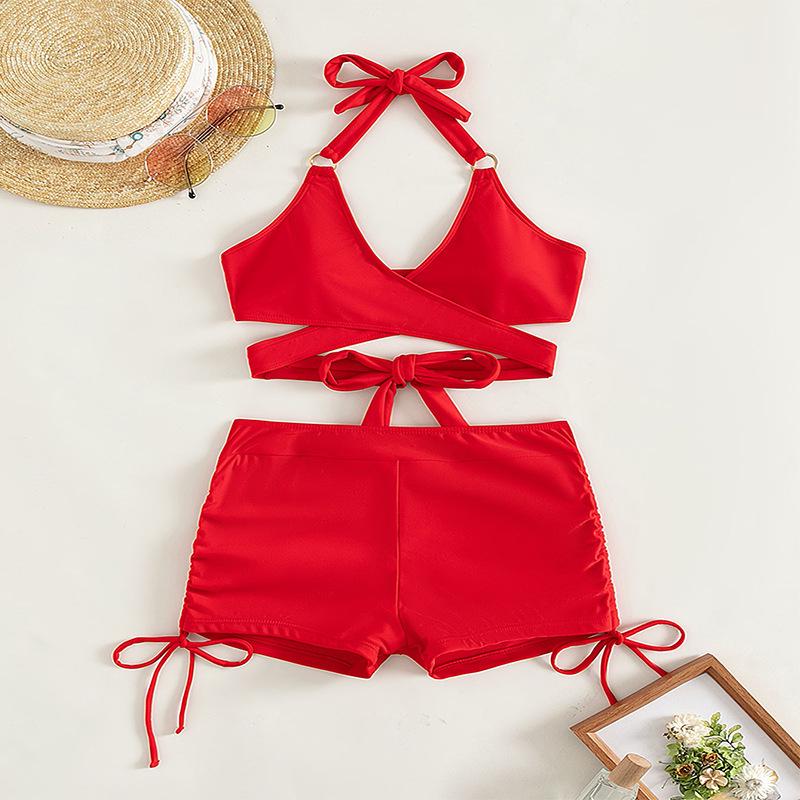 2024 Wielokolorowe Bikini z Krzyżowym Wiązaniem na Szyi i Szortami z Płaskimi Nogawkami dla Kobiet