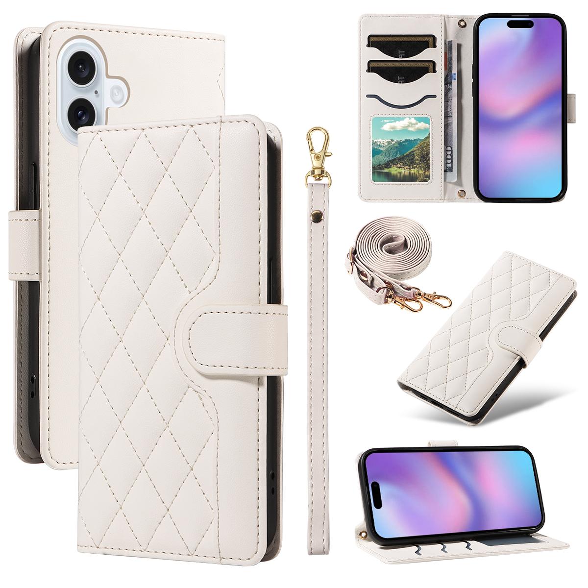 

For iPhone 17 Wallet Case Rhombus Leather Phone Cover with Strap White