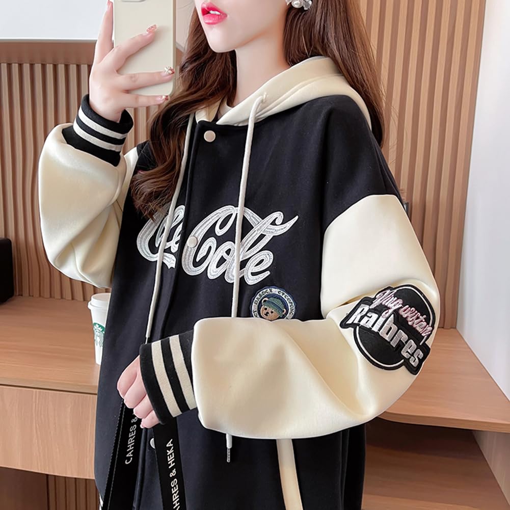 JIYUTOR Button Hoodie with Embroidered Outerwear for and Spring Stadium Student Style Black Fleece Women's Logo, Spring, Autumn, Winter,