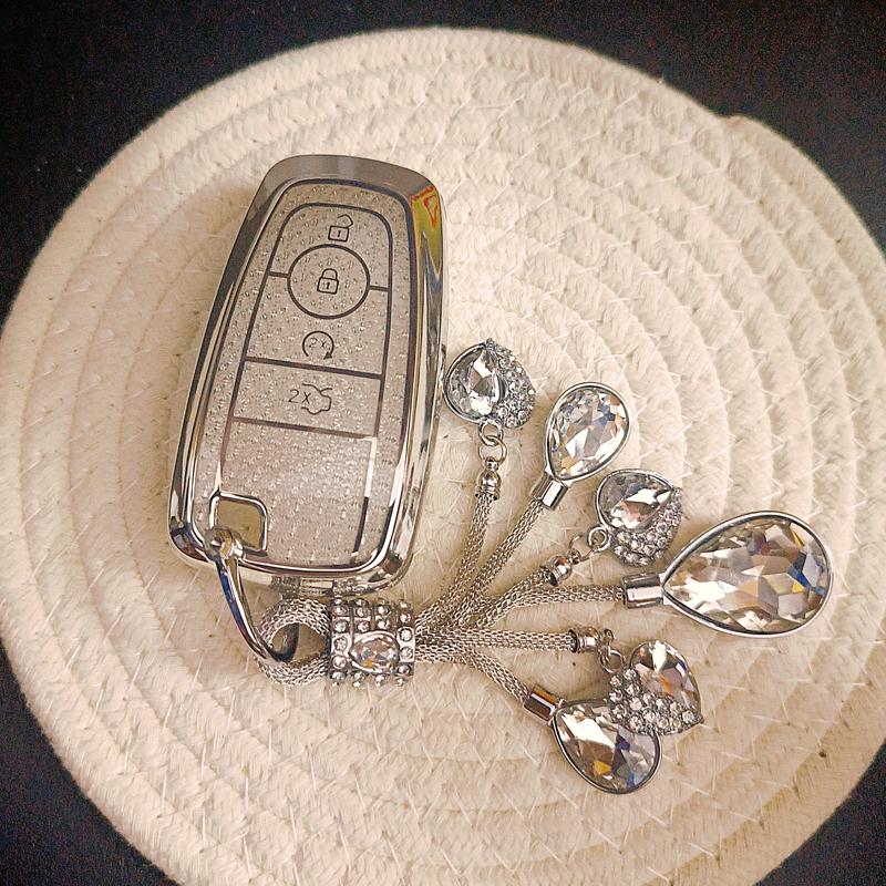 White Diamond Tpu For Ford Edge Fusion Expedition Explorer Mustang 4 Button Remote Smart Car Key Case Cover Fob Holder Keychain