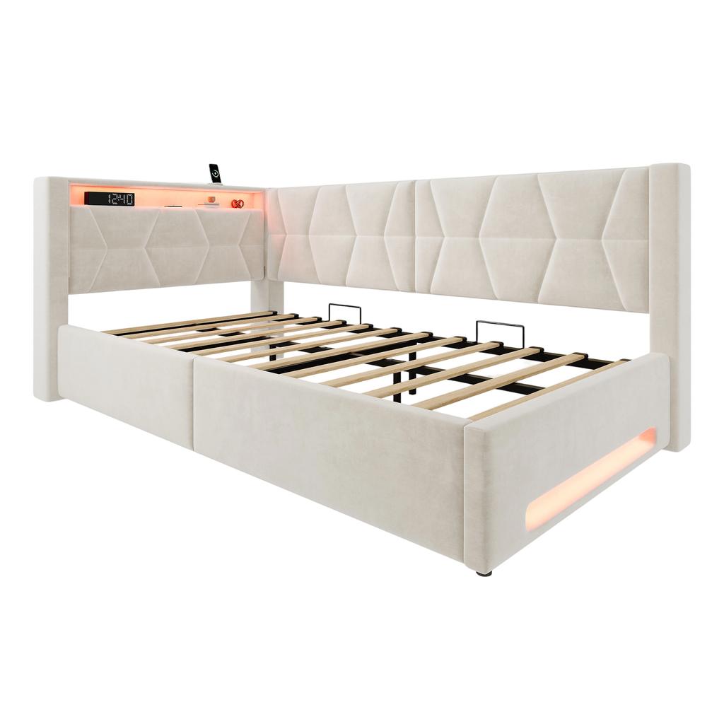 Letto imbottito 90x200 cm con contenitore, illuminazione a LED sulla testiera e sulla pediera, USB e Type-C, box letto idraulico, rete a doghe, letto singolo, beige