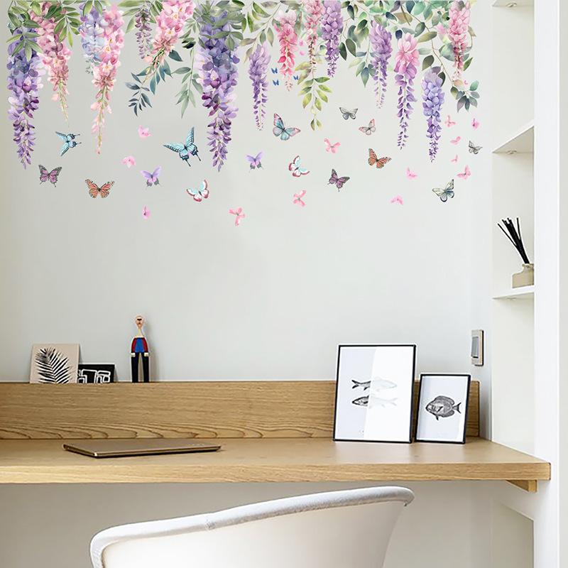 Blume Schmetterling Wandaufkleber Handbemalter Zweig Aufkleber für Schlafzimmer Wohnzimmer Flur Heim Wanddeko