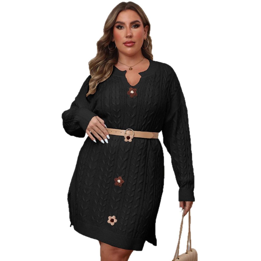 Large-sized V-neck Knitted Sweater Dress with Hand-hooked Flower Patchwork, Autumn and Winter Sweater Dress for Women