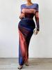 European & American Fashion Mesh Print Ruffle Bodycon Dress