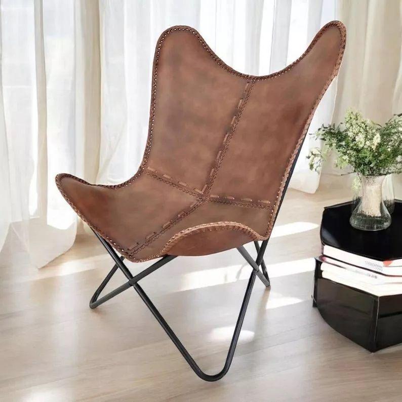 Handmade leather butterfly chair Leather accent chair living room chair