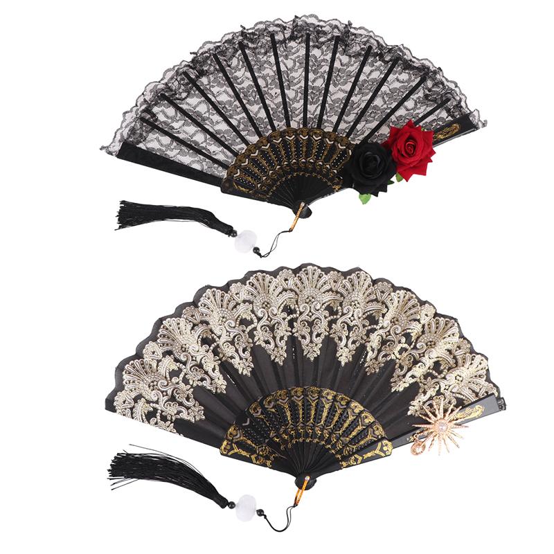 Ladies Lace Hand Fan Black White Cloth Folding Fans With Tassels Ancient-Style Dance Folding Hand Fan For Wedding Party Favor
