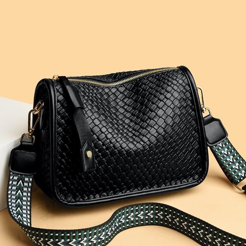 Stylish Woven Leather Shoulder Bag For Women With Wide Strap And Large Capacity