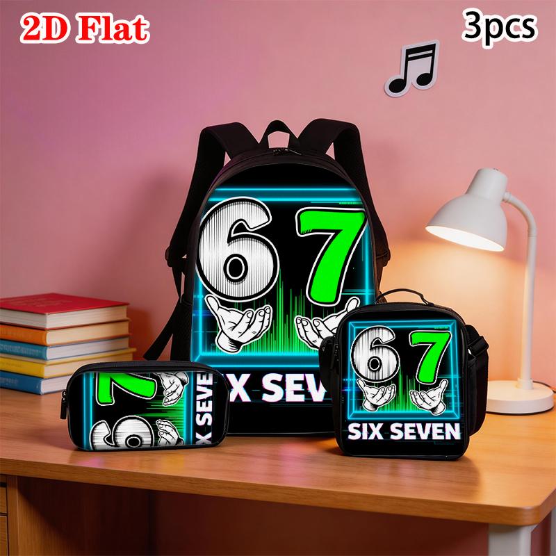3 pièces Sac à dos imprimé Chiffre 67 Dessin Animé Léger Quotidien Grande Capacité Sac d'École Sac de Voyage avec Sac à Bandoulière Trousses à Crayons Cadeau
