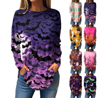 Women's Fashion Loose Round Neck Halloween Printed Long Sleeve T-Shirt Top Pullover