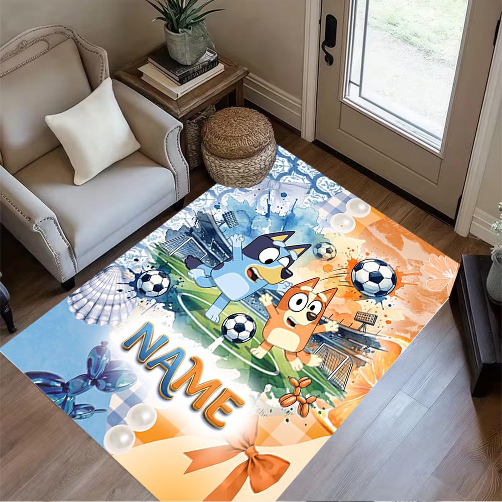 Bluey's Festive Football Fun Customized Name Floor Mat Suitable for Bedrooms Living Rooms Dining Room Decorate Room Antislip Carpet Anime Office Decor