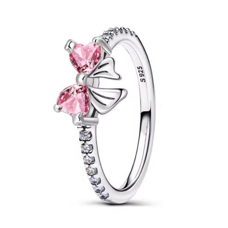 S925 Silver Pink Flower Bee and Bow Women's Ring Fashionable and Versatile Gift for Friends 2026