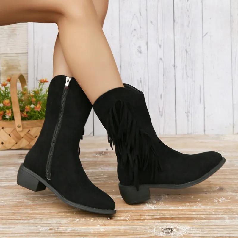 Moda 2024 Damskie Buty Plus Size Do Połowy Łydki Damskie Kozaki Boczny Zamek Nowoczesne Kozaki Damskie Frędzle Szpiczasty Czubek Buty na Niskim Obcasie Damskie