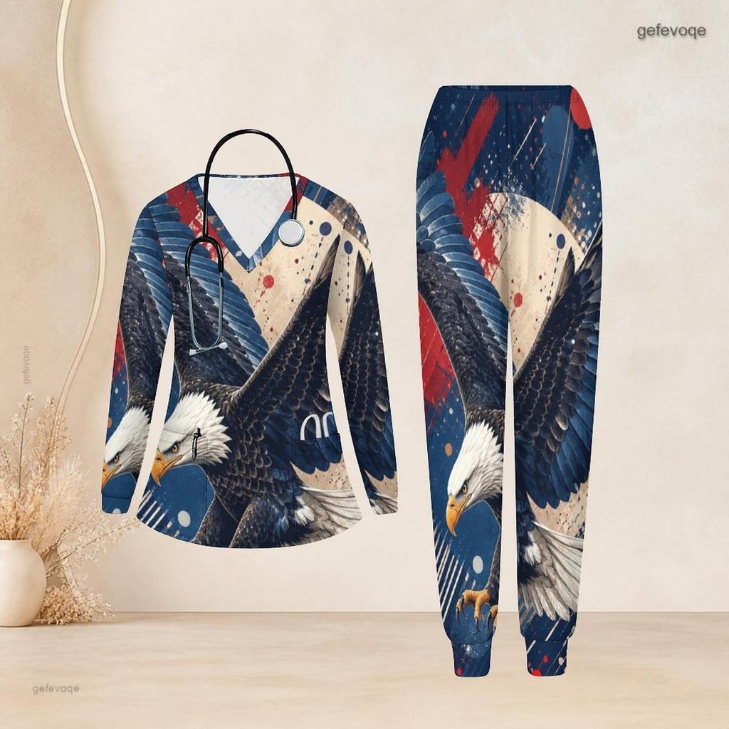 Conjunto de Uniforme de Enfermera para Mujer Tallas Grandes Cuello en V Manga Larga Estampado Patriótico Águila Calva Vintage