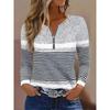 New Women's Half-Zip Polo Neck Striped Print T-Shirt Casual Versatile Regular Shoulder Top for Europe USA Crossborder