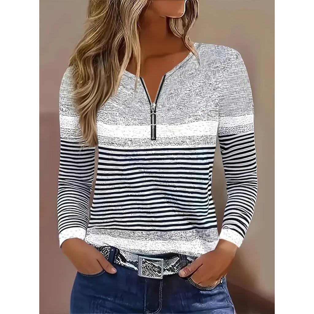 New Women's Half-Zip Polo Neck Striped Print T-Shirt Casual Versatile Regular Shoulder Top for Europe USA Crossborder