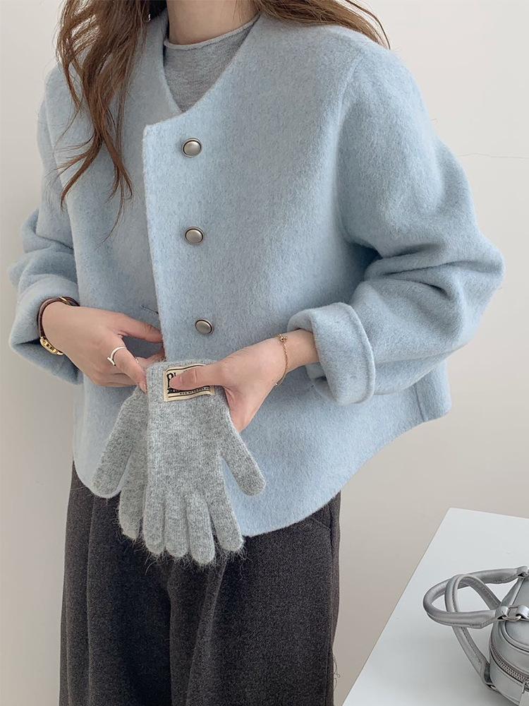 2025 Women's Elegant Korean Double-Sided Cashmere Coat, Round Neck Woolen Jacket, Versatile Short Design