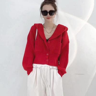 Short and Short Hooded Sweater Jacket for Women In Autumn and Winter New Lazy Loose and Chic Knitted Cardigan Top