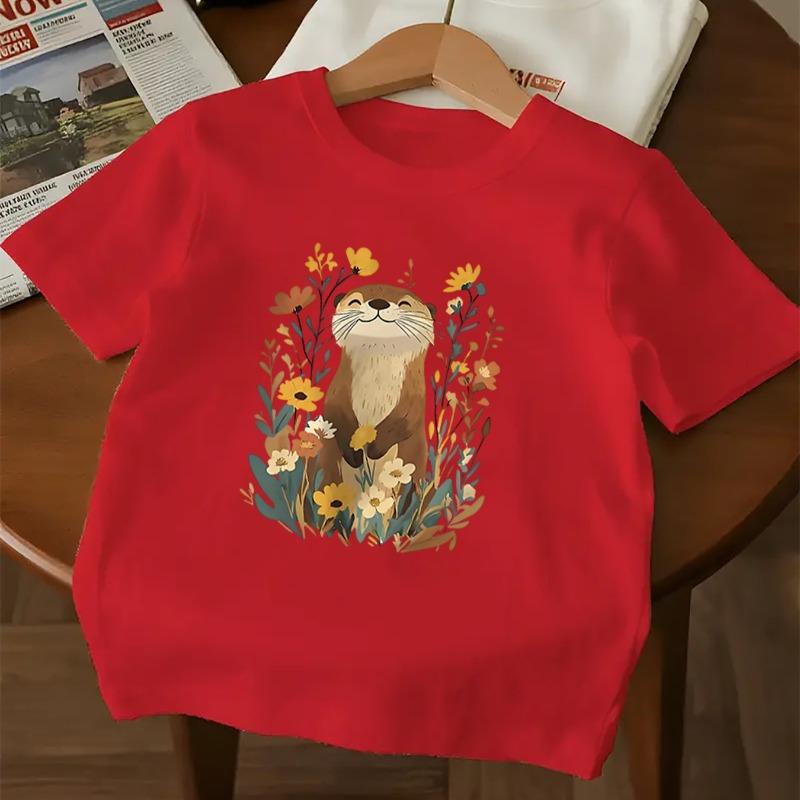 Girls Cartoon Otter Print Crewneck Short Sleeve Tee, Soft Breathable Daily Casual Top