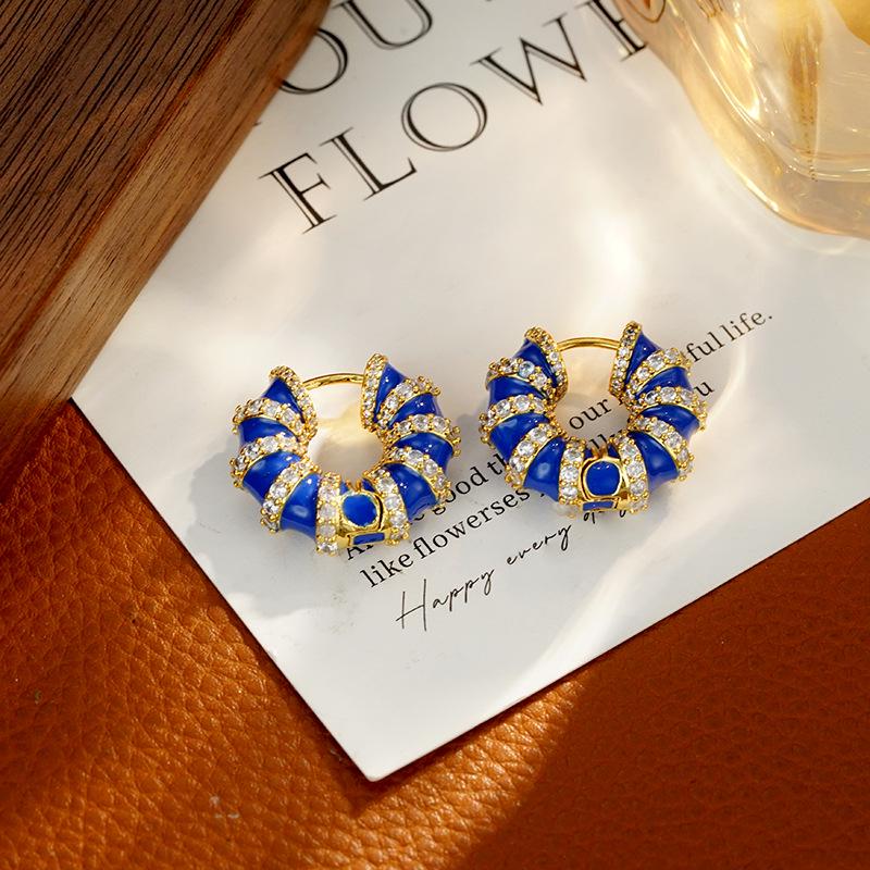 

French Retro Elegant Blue Hoop Earrings 18K