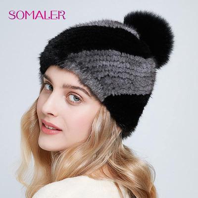 Winter Mink Fur Hats for Women Premium Knitted Mink Fur Caps Female Beanies with Fur Pompom