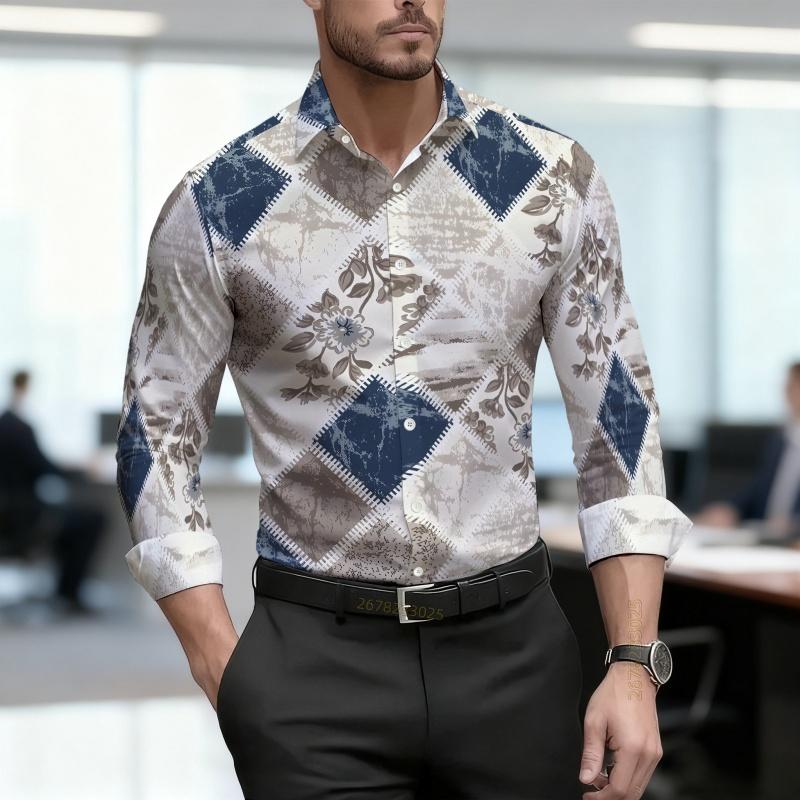 Men's Shirt with Geometric Block Print, Slim Fit, Business Commuting Long Sleeved Shirt, Spring and Autumn Trendy Casual Top