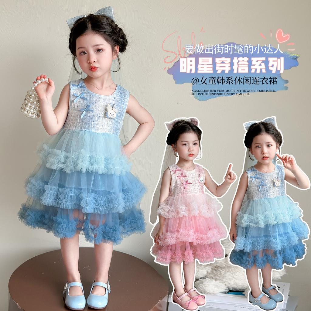 Girl's Rabbit Bow Cake Skirt Summer 2026 New Collection Sweet Mesh Sleeveless Dress Princess Dress for Baby Girls