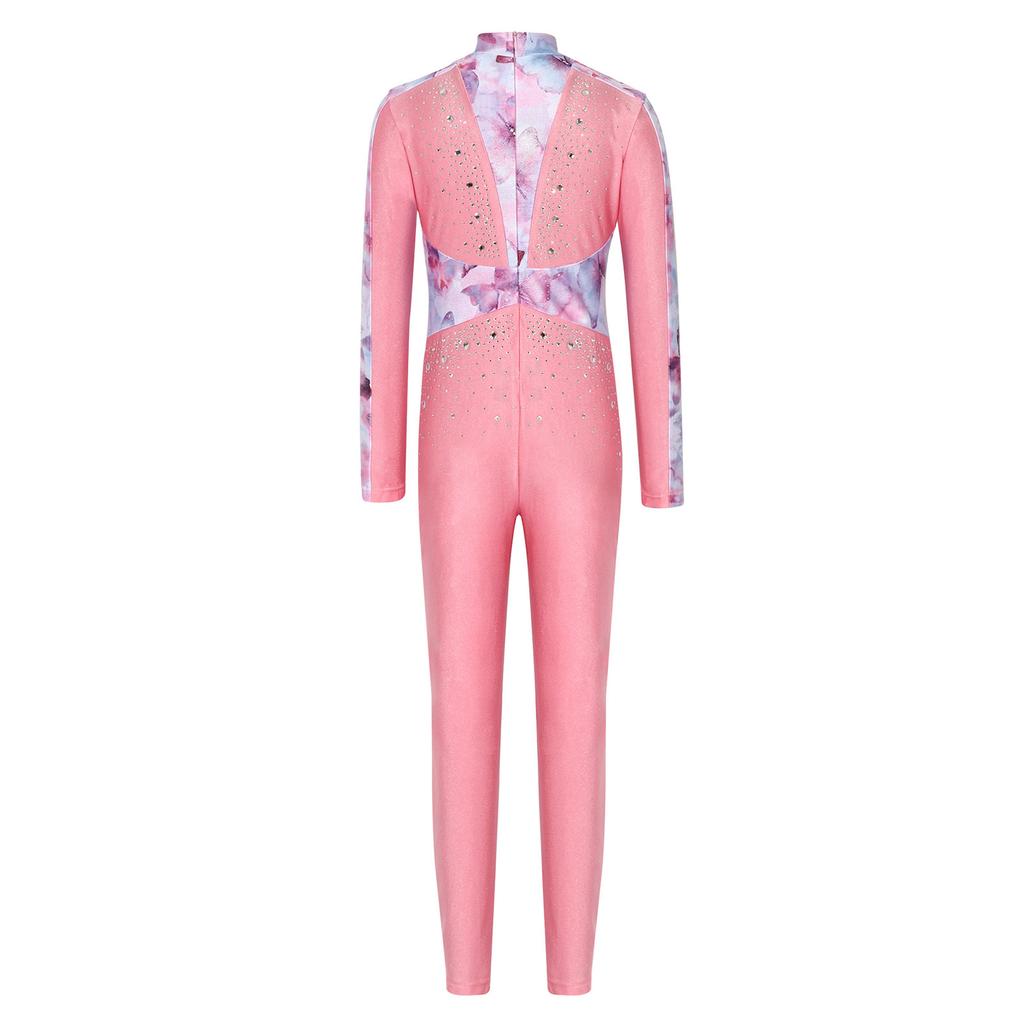 Girls Gymnastics Long Sleeve Leotard Shiny Sequins Rhinestones Back Invisible Zipper Full Body Ballet Figure Skating Performance
