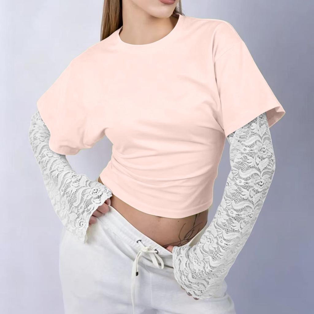 Women's Casual Round Neck Long Sleeve Lace Patchwork Pullover Top Color Blouse