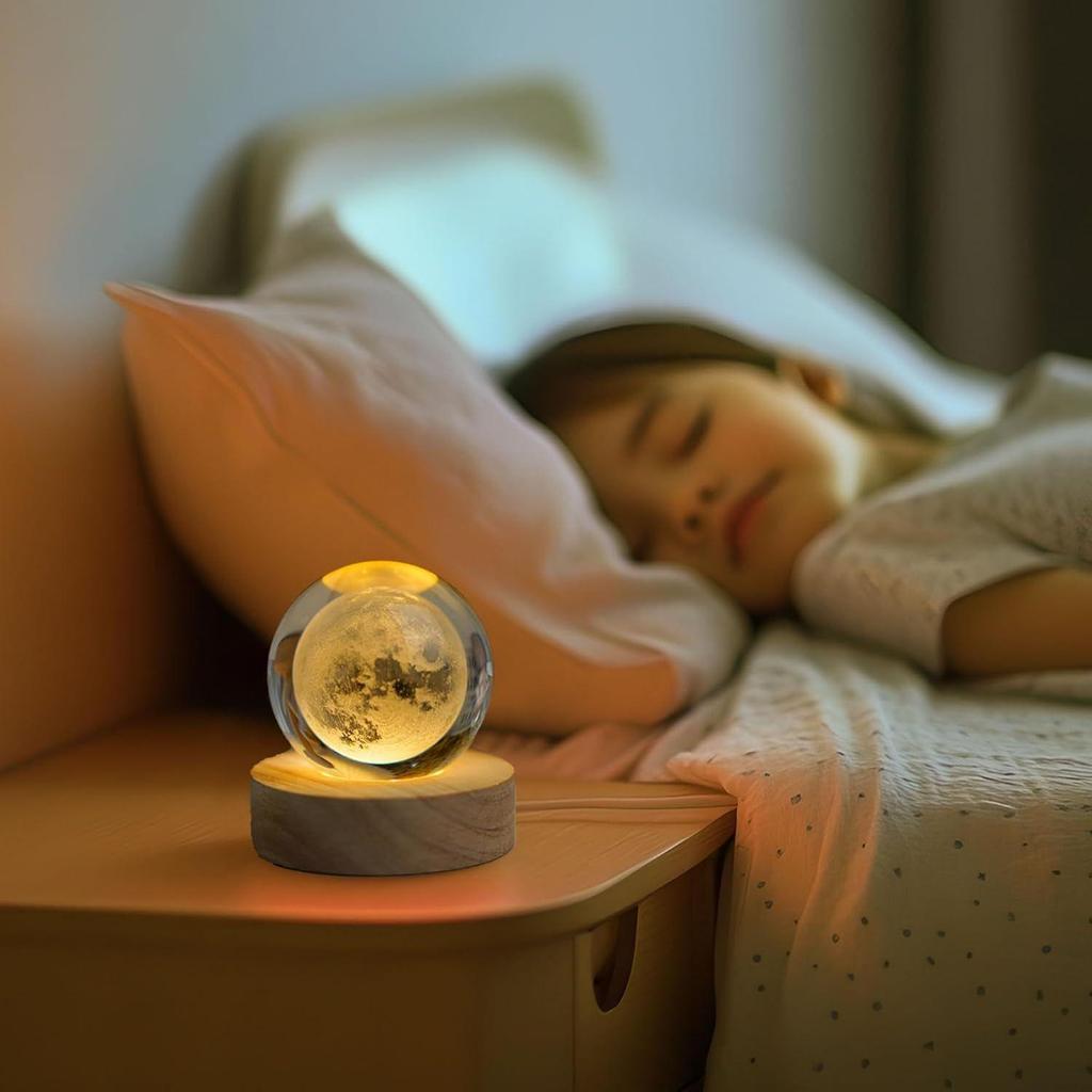 New Moon Crystal Night Light Decorative Quartz Glass Ball Bedroom Table Light, Engraved Model Astronomy Décor, Universe Gift