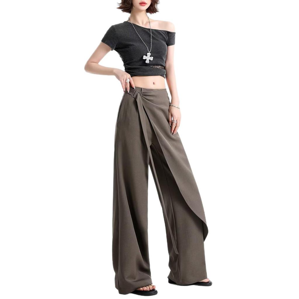 Women's Brown-Gray Wide-Leg Pants with Flowing Ribbons, 2026 New Style, Slimming, Good Drape, Casual Straight-Leg Suit Pants.