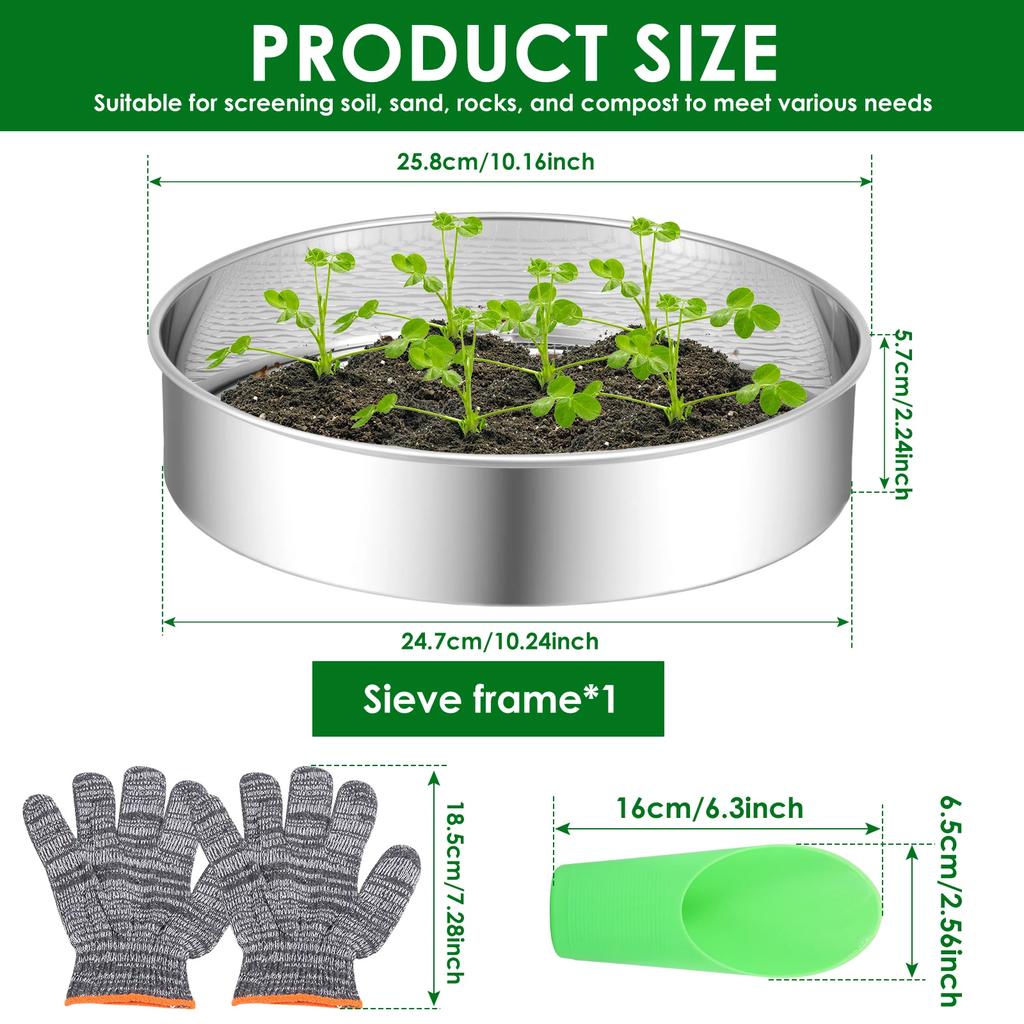 4/6Pcs Soil Sieve Set Stainless Steel Garden Soil Sieve with 3/6/9mm Filter Mesh Rust Resistant Compost Sifter Garden Accessory