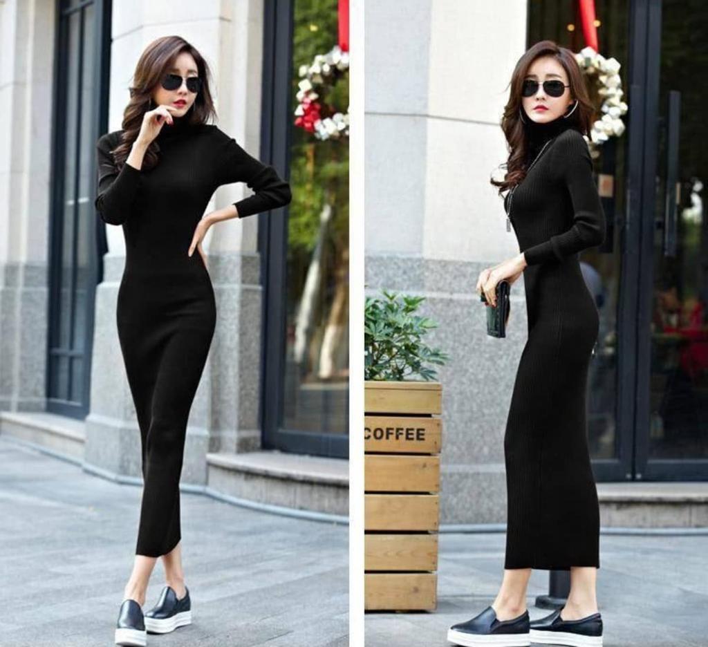 Lopis Women's Knit Dress, Slimming, Long Length, Stylish, Slim Fit, Turtleneck, Long Sleeves, Thick, Elegant, Fall/Winter (JP, Alphabet, XL, Black)
