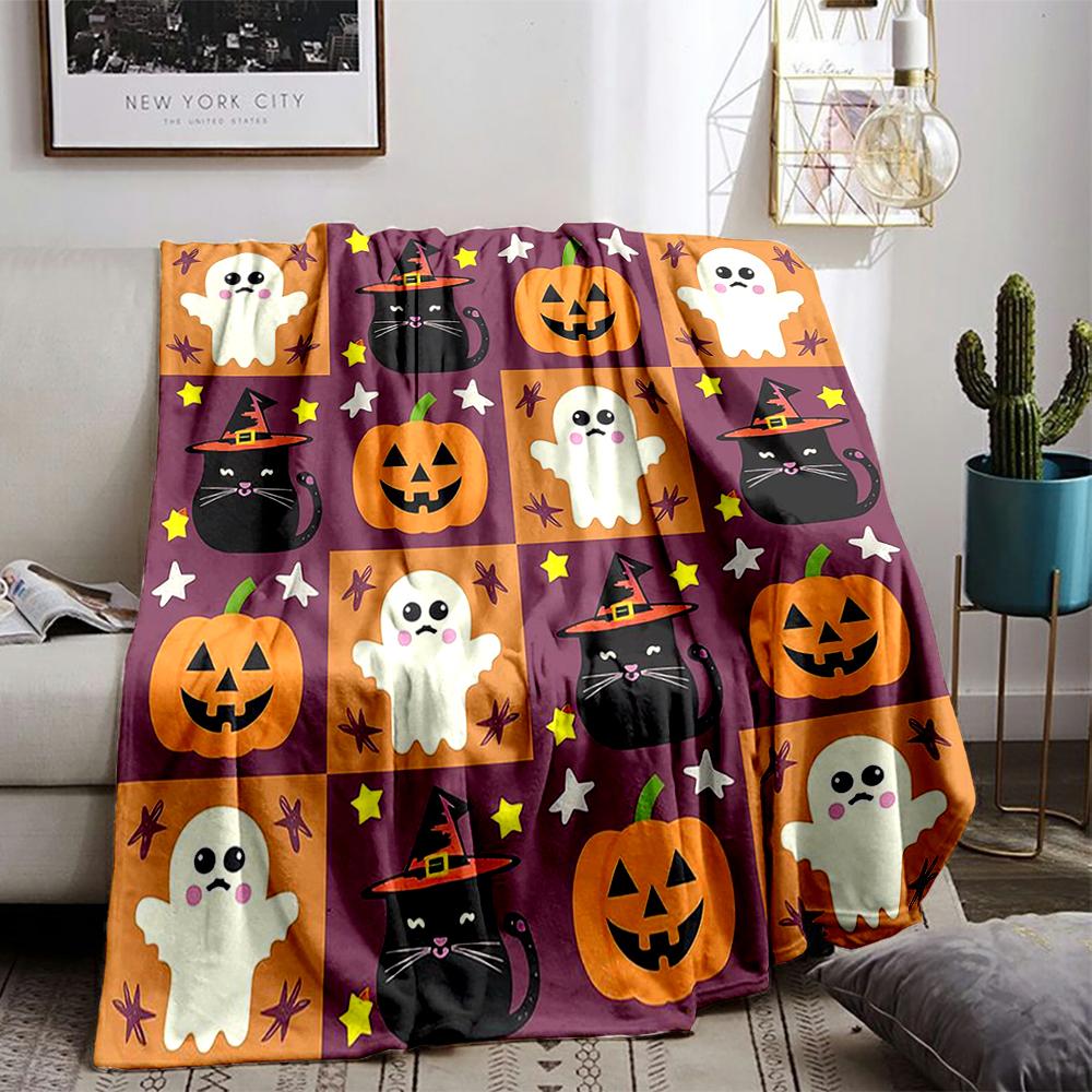 Cute Halloween Ghost and Cat Pattern Flannel Blanket for Bedroom, Living Room, Sofa, and Nap