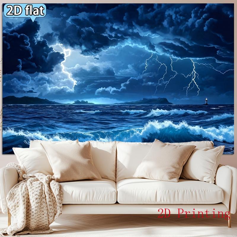 2D Flat Party Backdrop Banner - Deep Blue Ocean Lightning Storm Scene, Polyester Photo Background for Wedding, Birthday & Graduation Decor