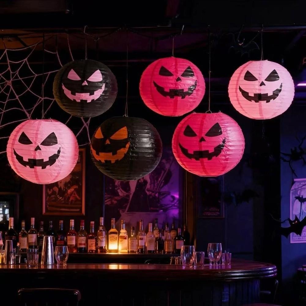 Color-Blocked Pumpkin Paper Lantern Foldable Round Paper Lanterns Hanging Lamp Ball Bar Decoration
