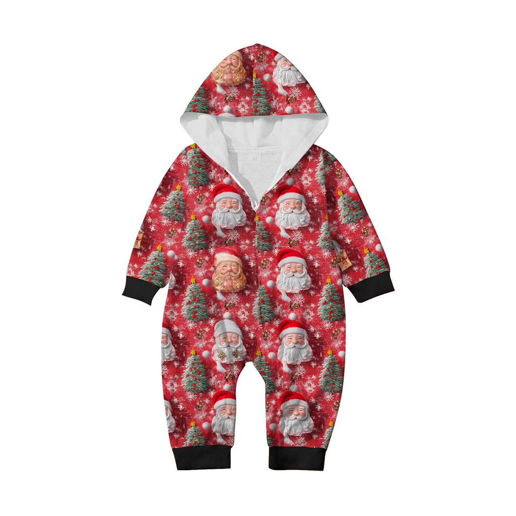 Christmas Print Parent-Child Outfit Hooded Zipper One-Piece Fashionable Home Suit Set