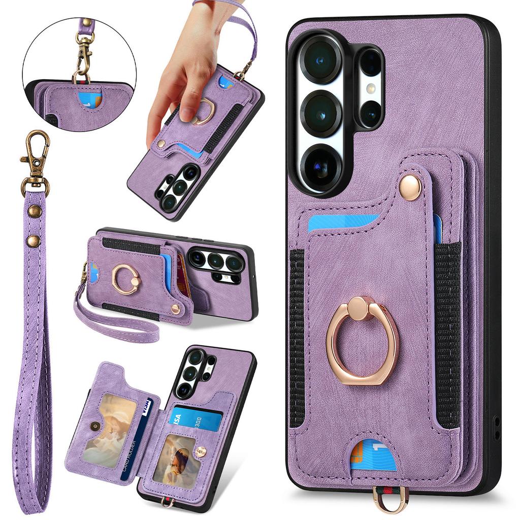 Ring Holder Cards Solt Leather Wallet Case For Samsung S25 Ultra S24 Plus S23 A16 A17 A07 Magnetic Kickstand Pocket Strap Cover
