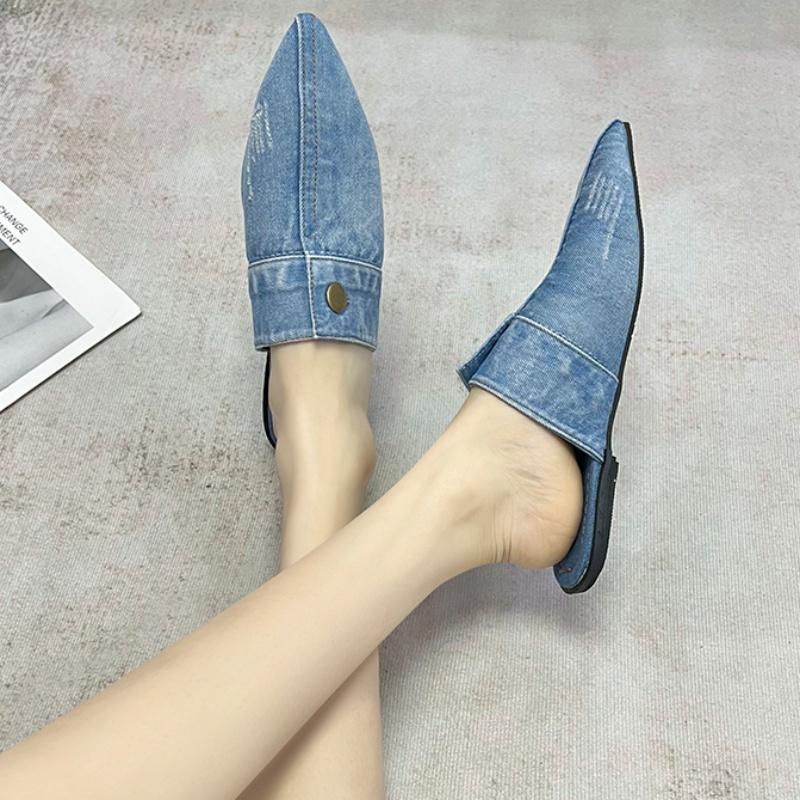 Fall New Pointed Toe Deep Mouth Rivet Soft Sole Non-Slip Wear-Resistant Flats Fashion Denim Wrapped Slippers