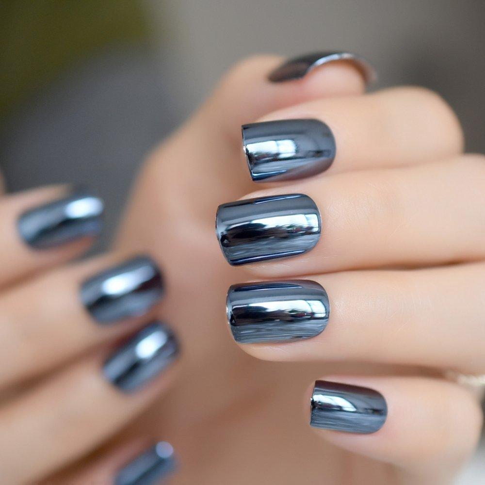 Unghie Finte a Pressione, Unghie Finte Blu Cenere, Kit Manicure Bellezza Unghie Metalliche a Specchio, Riutilizzabili Gel UV Unghie Finte per Dita, Re