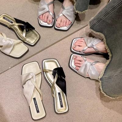 Fashion French Simple Woman Shoes 2025summer New Square Toe Flat Shoes Fashion Versatile Women Slippers Comfort Retro Women's Sandals