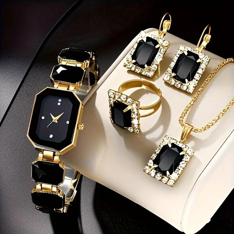 5-teiliges Luxus-Bohemian/Elegantes Schmuck- und Uhren-Set für Damen mit passendem Armband aus Legierung, Halskette, Ring, Ohrringen und quadratischer Uhr