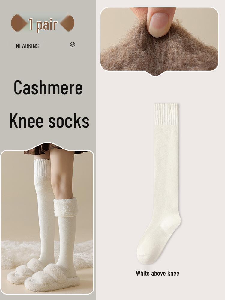 Women's Wool Over-the-Knee Fleece-Lined White Socks - Imitation Cashmere Long, Maternity Plus Size, Thick, Warm, Autumn & Winter Style