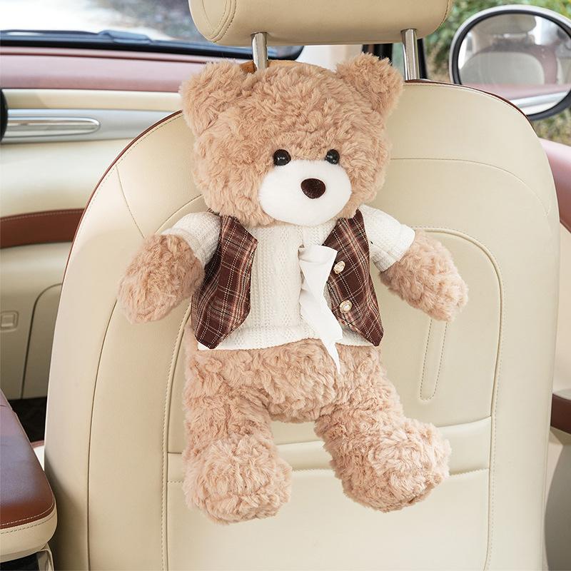 

Cute cartoon car tissue box high-end tissue hanging bag creative doll doll car hanging paper box rabbit fur flower bear tissue box khaki + vest
