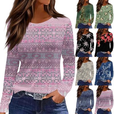 Women's Fashion Casual Slit Hem Round Neck Long Sleeve Loose Printed T-Shirt Ladies Top
