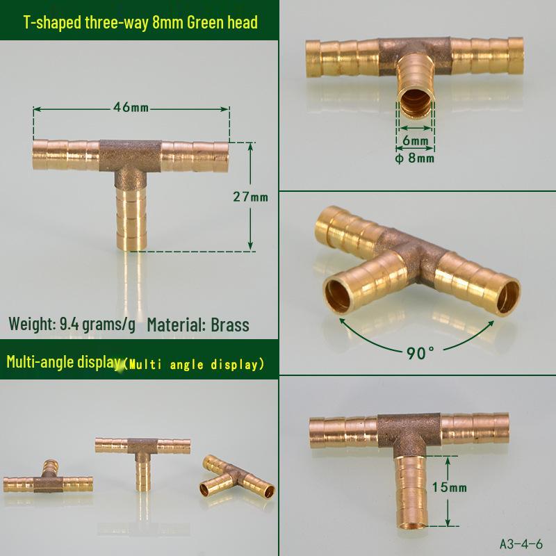 Brass Pagoda Head Insert for Gas Hose, Natural Gas Pipeline Connector 8/12, Pneumatic Fittings Inline Cross Tee