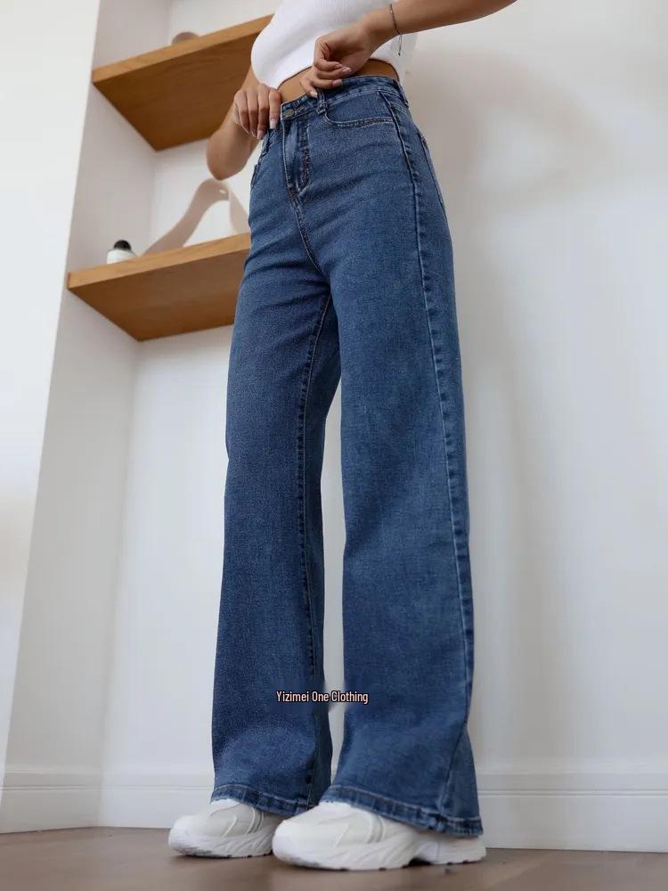 2025 European & American High-Waisted Straight Solid Color Women's Washed Jeans