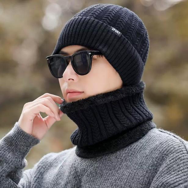 Winter solid color cloth label sports knitted hat men's simple outdoor warm ear protection scarf wool hat cold protection two-piece set