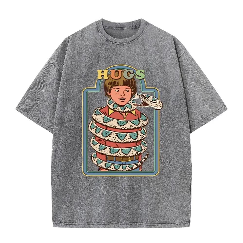 Vintage "Hugs" Snake Boy Print Washed Brown Retro Funny Casual T Shirt